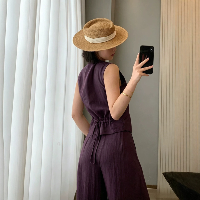 High-End Linen Vest for Women 2026 Wide-Leg Pants Set for Women Summer Petite Elegant Sleeveless Top Two-Piece Set