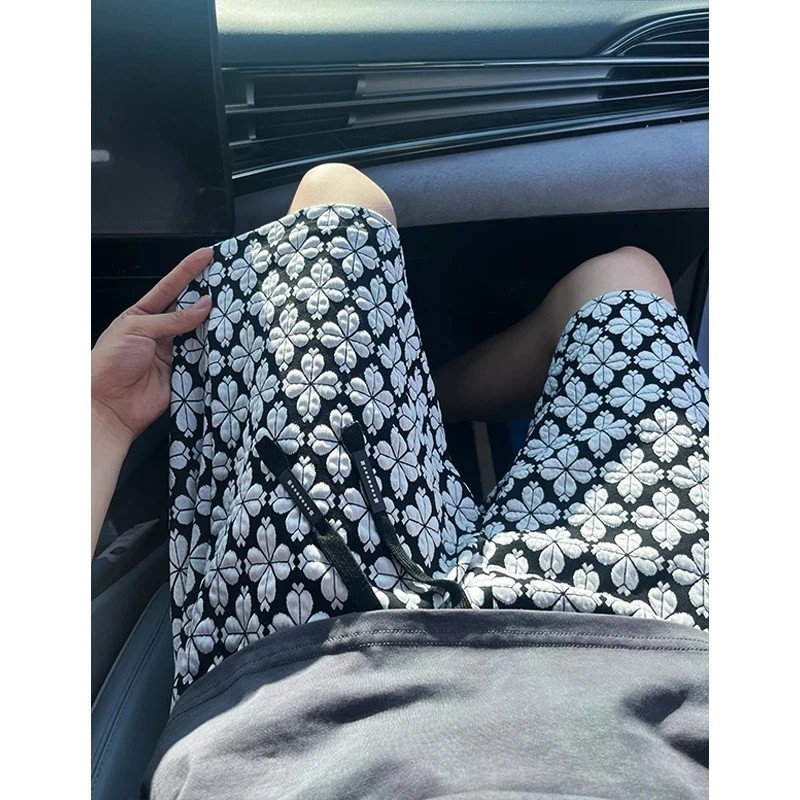 Houndstooth Floral Print High Waist Straight Leg Summer Shorts_voghion.com