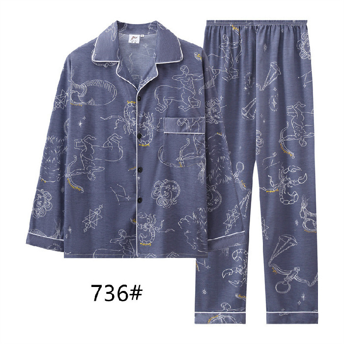 Transmisión en vivo de nuevos pijamas de hombre primavera y otoño de tamaño grande casero ocio relajado dos piezas de ropa de casa para hombres micro comercio