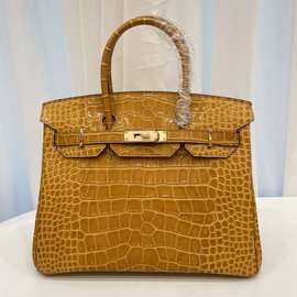 h家鳄鱼纹头层牛皮经典铂金包25-30全细节对版大容量锁扣百搭女包