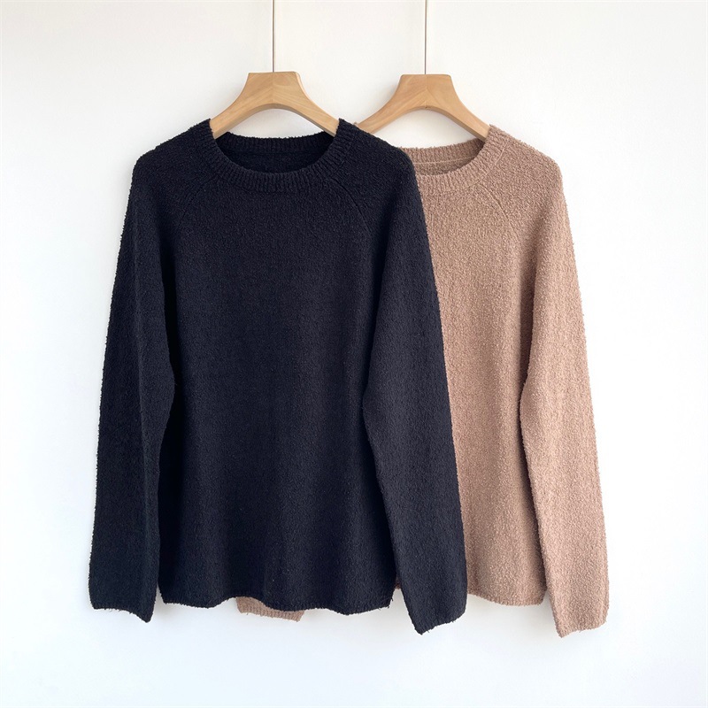 重工软糯纯棉圆领长袖打底衫TR家套头毛巾纱落肩慵懒针织毛衣