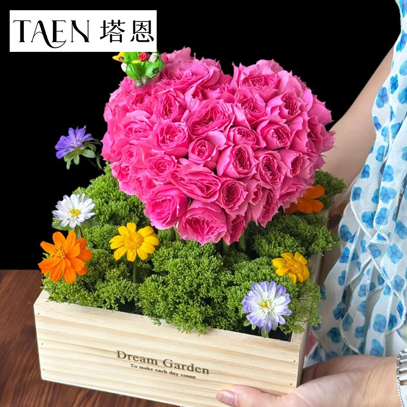 塔恩 简约方形木盒玫瑰花束插花盒diy手工花艺礼盒鲜花包装材料|undefined