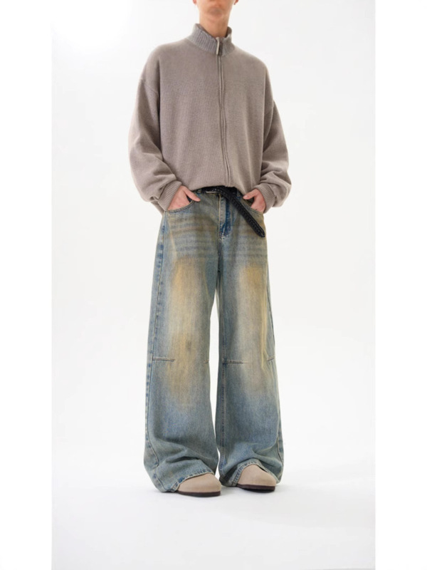 American Retro Washed Distressed Dirty Dyed Jeans Men's Loose Straight Floor-Length Wide-Leg Pants Cleanfit Pants