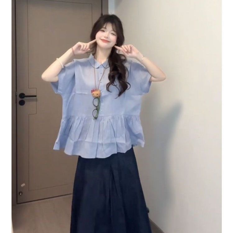 甜美学院风可爱宽松短袖衬衫女学生夏季新款叠穿显瘦半身裙两件套|undefined