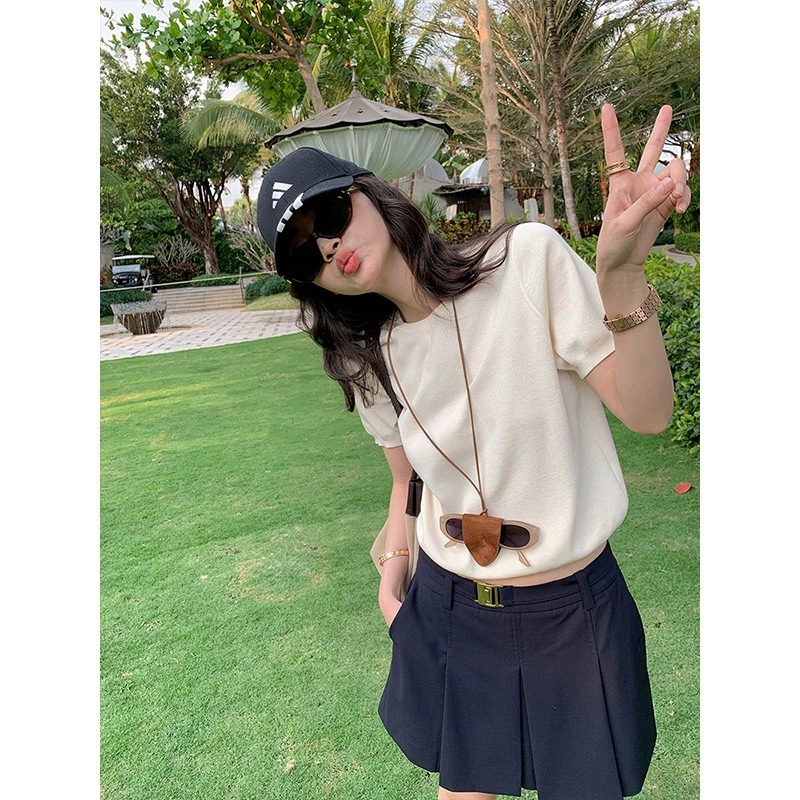 Элегантная рубашка-поло с круглым вырезом, женская летняя футболка, простой элегантный приятный для кожи вязаный топ с короткими рукавами