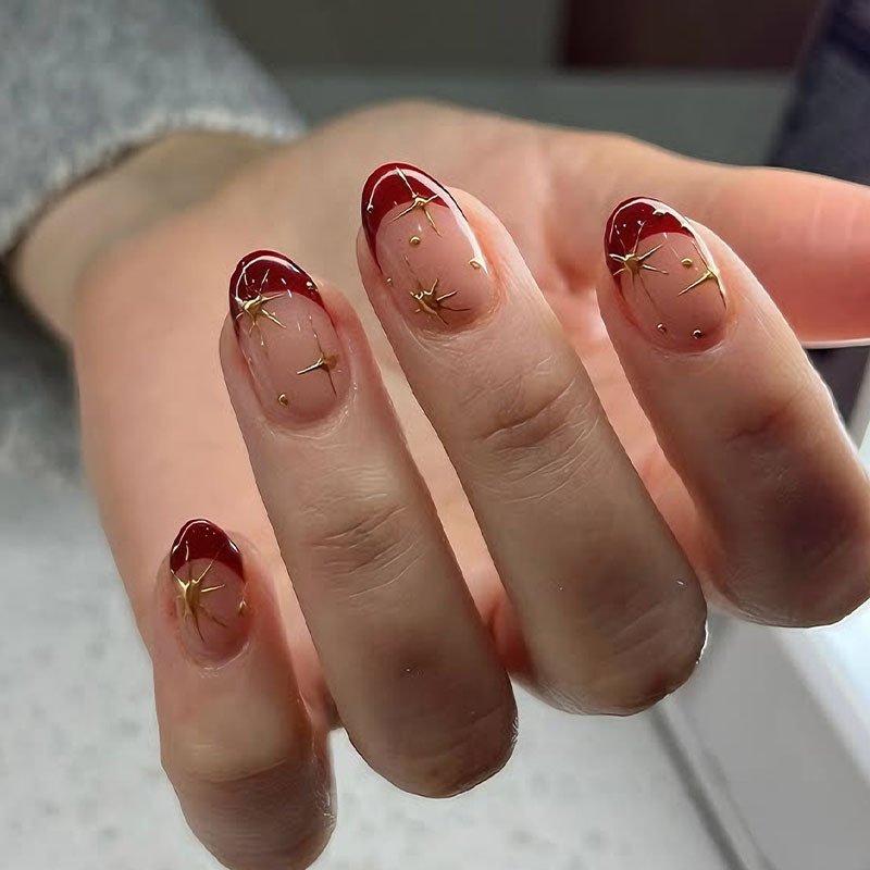 Cross-Border Exclusive Hot-Selling Almond Wine Red Translucent Gold Starburst French Style Press-On Nails Wholesale Nail Tips Cross-Border Exclusive Hot-Selling Almond Wine Red Translucent Gold Starburst French Style Press-On Nails Wholesale Nail Tips