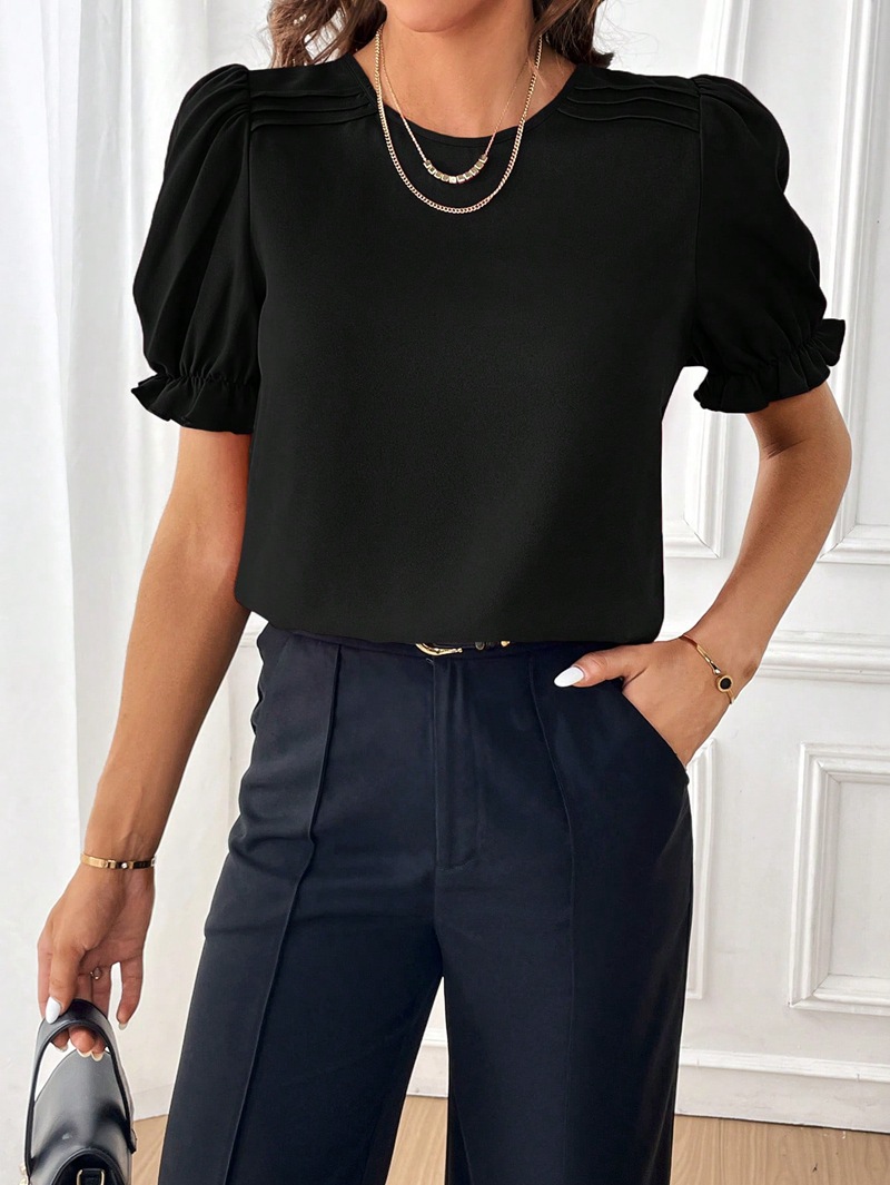 203g Weight Short Sleeve Sleeve Length Pullovers Placket Type Bishop Sleeve Sleeve Type Polyester Fabric Type Regular Top Length Blouse Tops Type Daily Occasion Round Neck Neckline Regular Fit Fit Type Solid Color Pattern Summer, Spring Season Women's Gender Elegant, Streetwear Style Wholesale Women's Elegant Streetwear Solid Color Short Sleeve Blouses 6