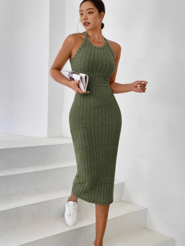 Cross-border women's round neck solid color backless tank top strap dress knitting honeycomb macaron color European and American Amazon
