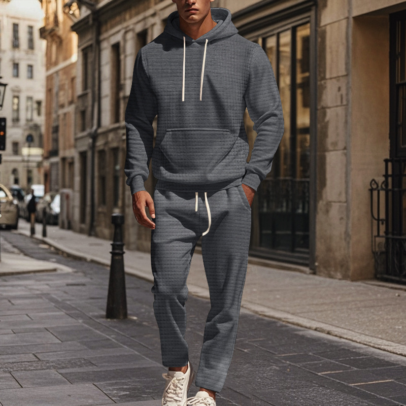 Men's Clothing heavy jacquard small square long sleeved trousers hooded suit _voghion.com