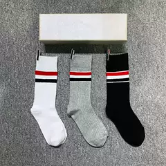 TB Adult Breathable Cotton Striped Mid-Calf Socks, 3-Color Box Set, Trendy Casual Sports Socks