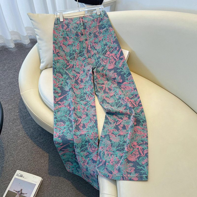 Fashion Printed Wide-Leg Jeans for Women 2025 Spring and Autumn New High-Waisted Middle-Aged Mom Pants Loose Slimming Long Pants
