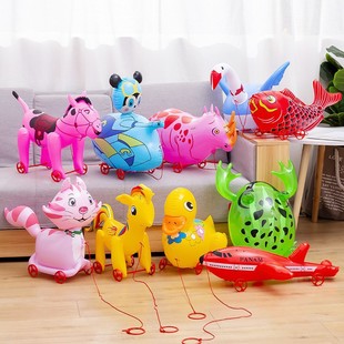Handheld Balloon Pull String Inflatable Toy with Wheels Pvc Animal Pull Cart Creative Cartoon Pull Cart Street Stall Toy