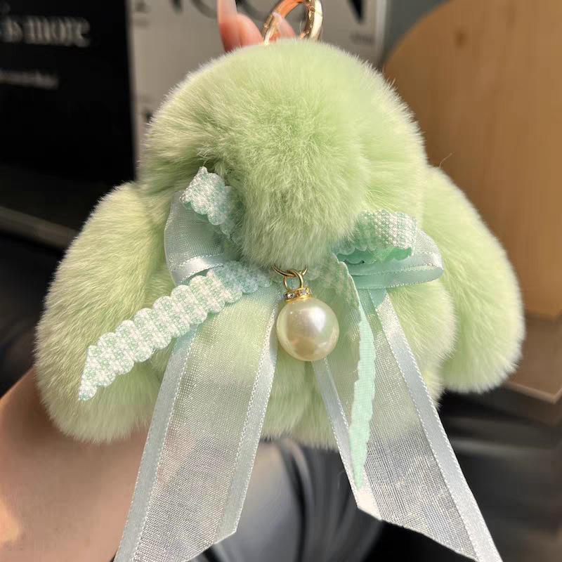 Cute conejo real peludo arco perla pequeño conejo llavero de coche colgante muñeca de peluche bolsas colgante