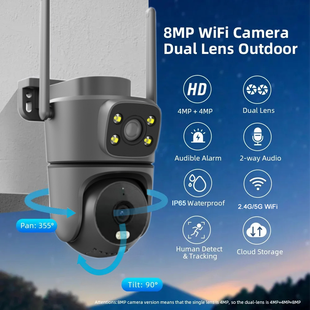 跨境热销8MP户外双目枪球WIFI监控摄像头全彩夜视防水云台摄像机