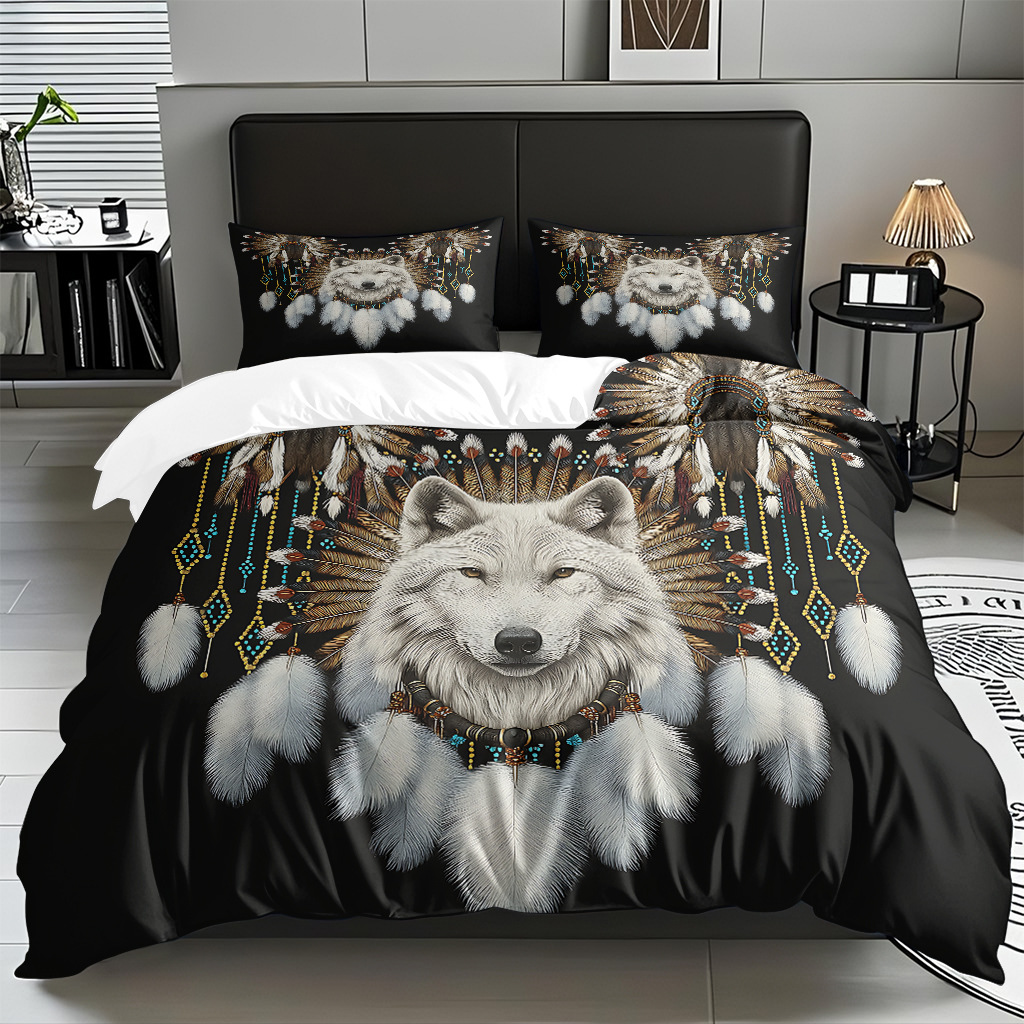 TEMU / JIT adaptado al patrón de lobo impresión digital set edredón molido textil transpirable para dibujar puede hacer