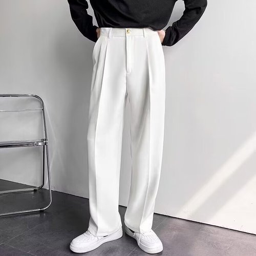 High-end White Men's Summer Trendy Drape Relaxed Straight Wide Leg Korean Style Casual Pants