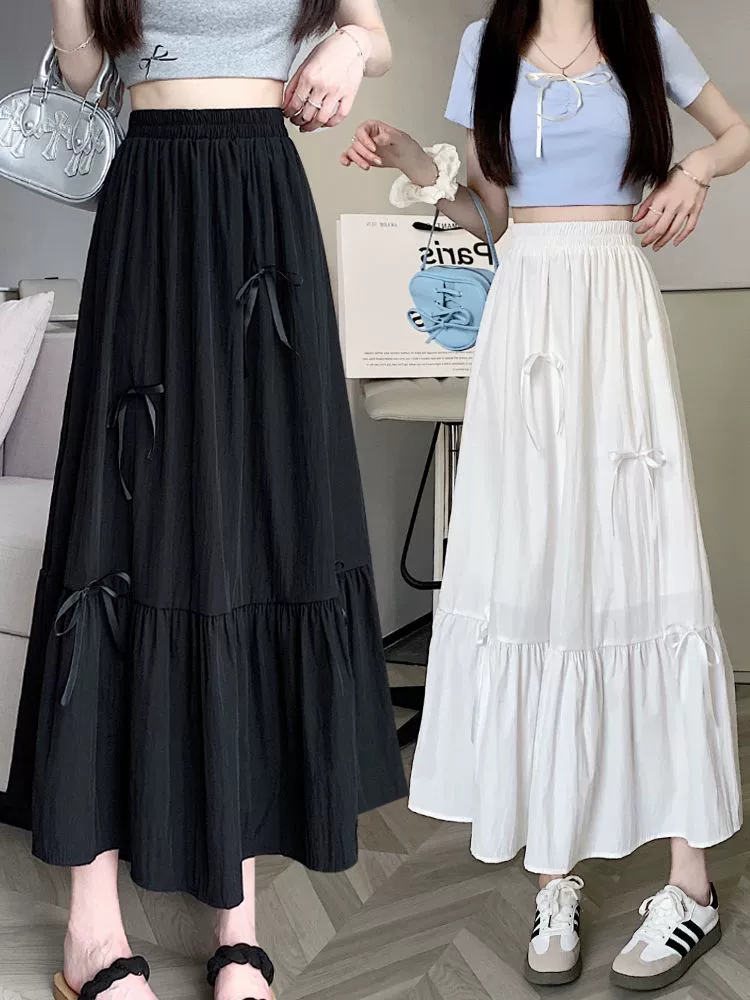 Summer cute white long skirt with bow, for teenagers, mid-length