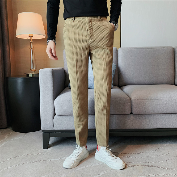 Pantalon décontracté droit gaufré à la mode et simple de marque tendance paresseuse, pantalon slim à petite jambe, pantalon d'affaires suspendu_voghion.com