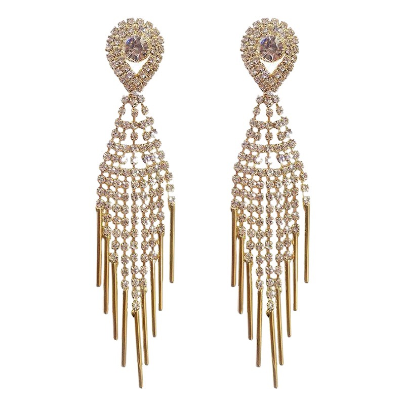 European and American Fashion Exaggerated Full Diamond Tassel Earrings Women's Temperament Socialite Long Earrings Internet Celebrity Earrings for Face Skinny Earrings