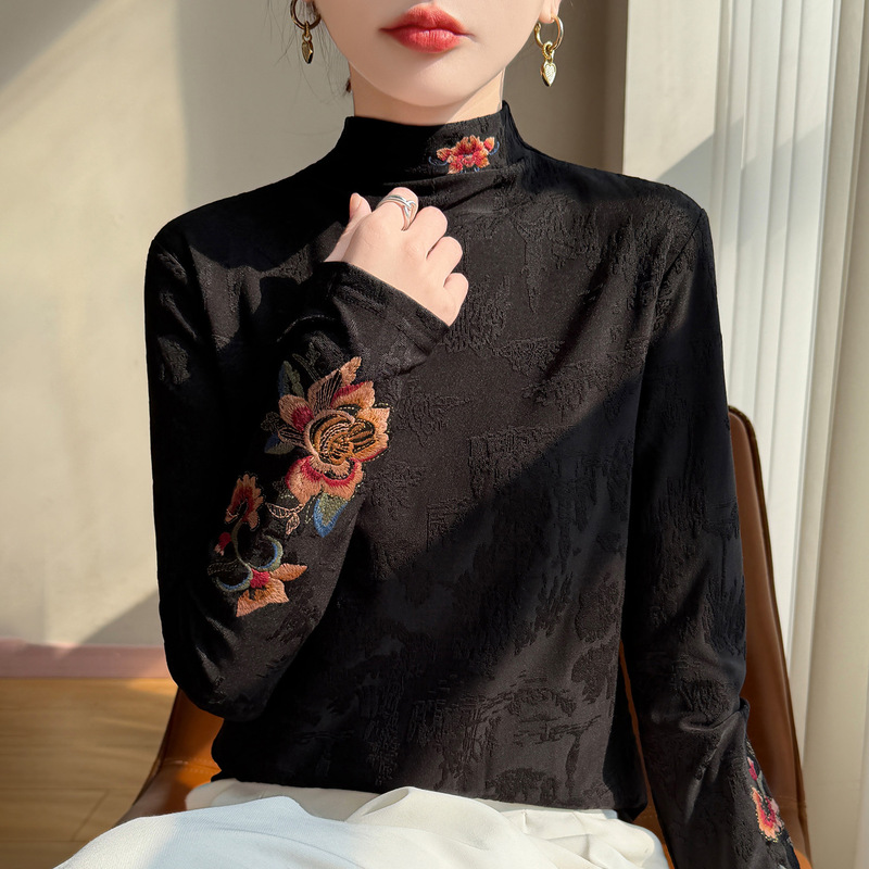 Chinese-Style Embroidered Half-High Collar Fleece-Lined Warm Knit Sweater for Women, Autumn and Winter New Chinese Jacquard Thick Sweater Vest Inner Wear