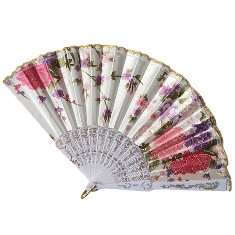 En stock ventilador de fractura de plástico transfronterizo estilo chino ventilador de tela de satén Yongchun danza ventilador plegable ventilador de encaje
