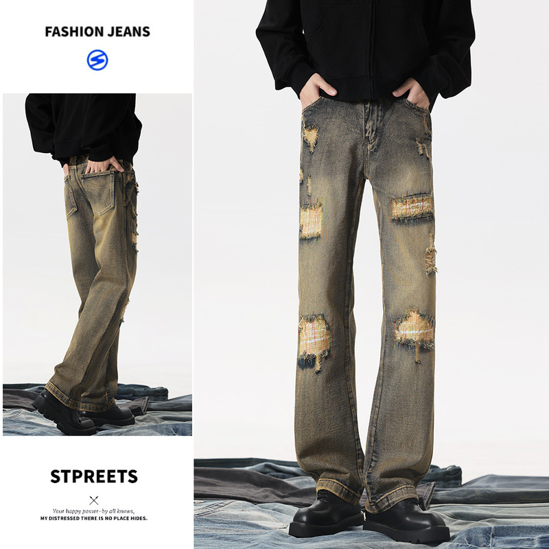 【Limited Price 99】Trendy Brand Cool Street Style Ripped Jeans Vintage Distressed Rusty Denim Straight-Leg Pants 【Limited Price 99】Trendy Brand Cool Street Style Ripped Jeans Vintage Distressed Rusty Denim Straight-Leg Pants