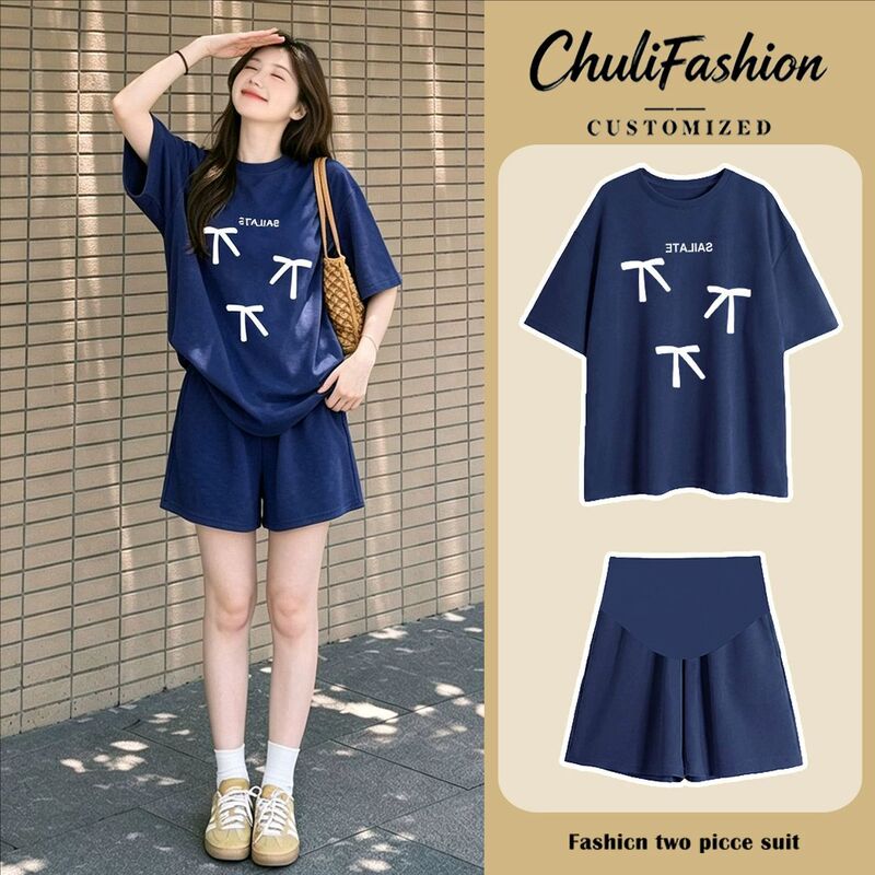 Maternity wear sports suit 2026 summer thin plus size dark navy blue short-sleeved casual shorts set