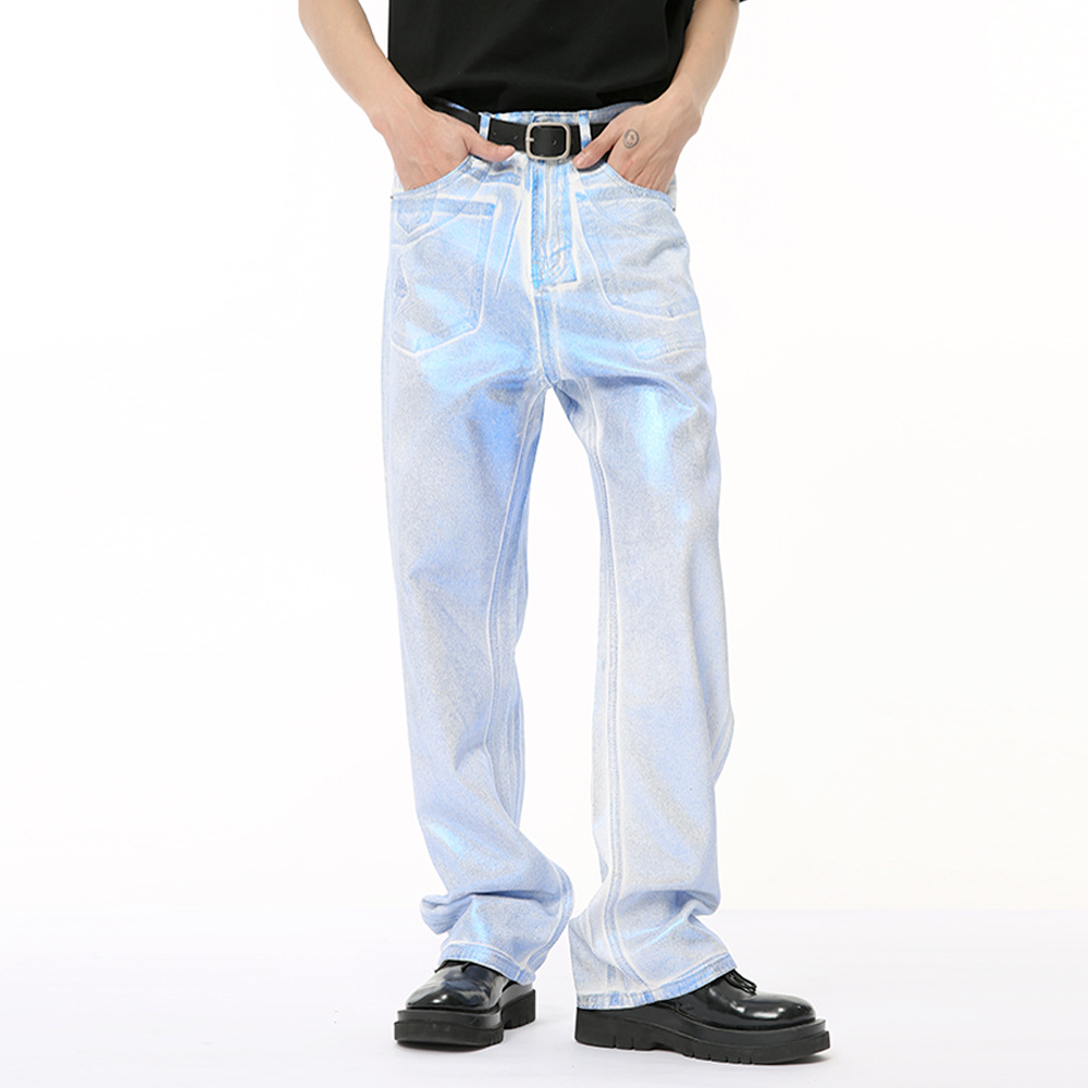 Erkek Giyim Yeni Gelenler Niche Tasarım Mumlu Parlak Gümüş Düz Kot_voghion.com