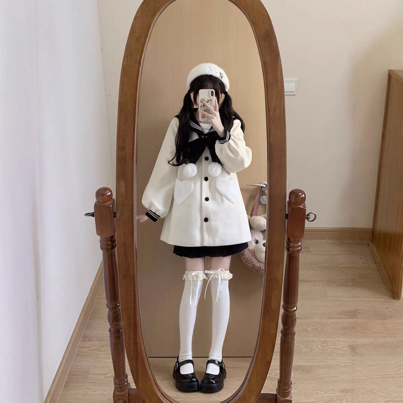 Japanese-Style Cute Soft Girl Wool Coat Autumn and Winter New Petite Navy Collar Thickened Jk Mid-Length Coat