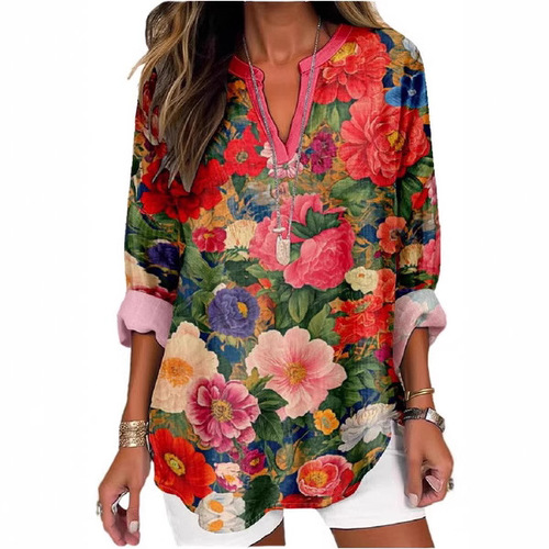 Amazon Cross-border Independent Store New Flower 3D Digital Printing Women's Fashion Round Neck Loose Shirt Top