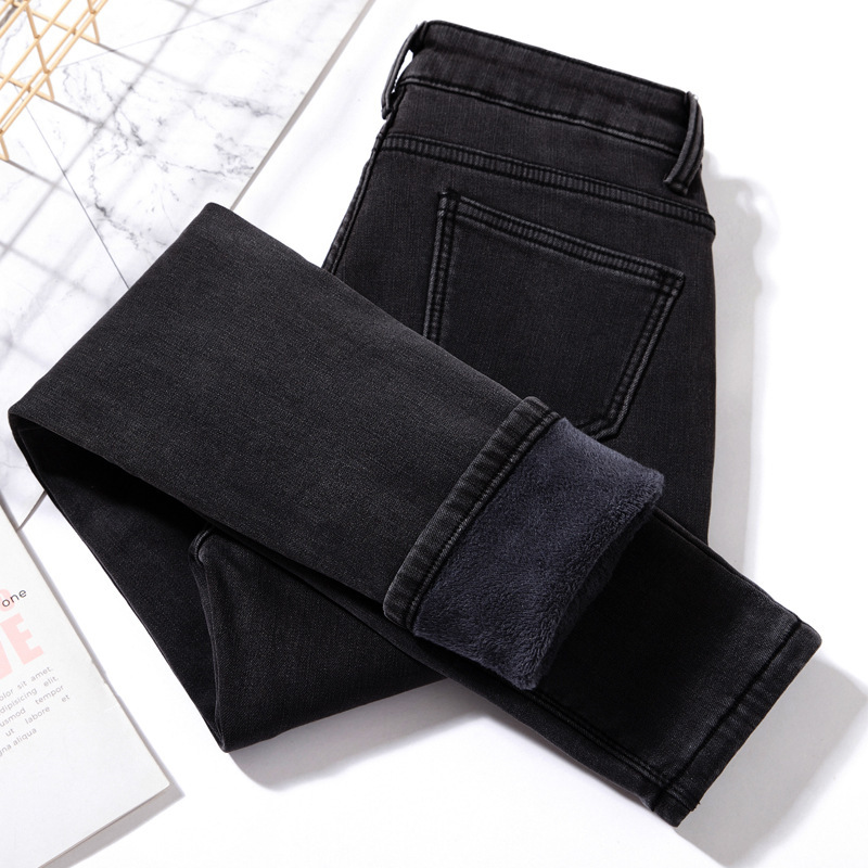 加绒棉裤韩版紧身新款牛仔裤女高腰冬季外穿铅笔长裤小脚加厚灰色