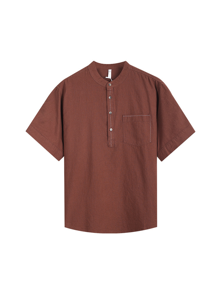 Camisa de media rebeca con cuello Henry, camisa de hombre de manga corta de algodón con cuello alto, camisa casual de marca de moda de verano para hombre suelto, verano para hombre