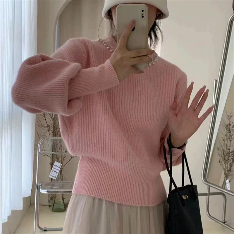 Осенний и зимний новый корейский тяжелый бисер с круглым вырезом сплошной мягкий клейкий свитер женский повседневный дикий свободный толстый свитер