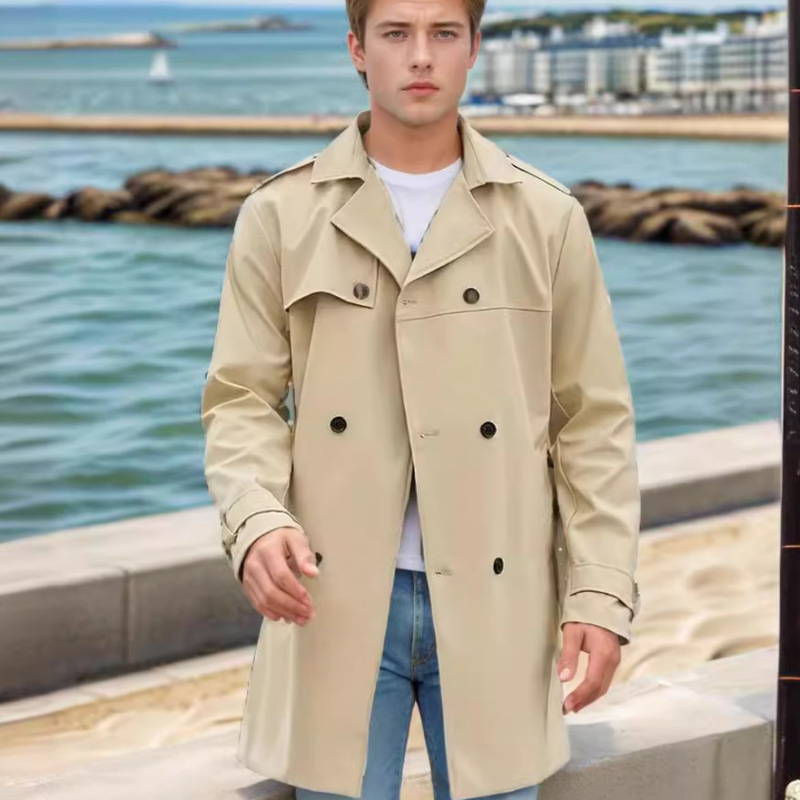 Spot Spring & Fall New Cross-Border Solid Color European and American Long-Sleeved Windbreaker Men's Lapel Slim Double-Breasted Casual Jacket for Men Spot Spring & Fall New Cross-Border Solid Color European and American Long-Sleeved Windbreaker Men's Lapel Slim Double-Breasted Casual Jacket for Men