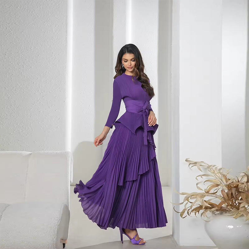 Vêtements pour femmes grande jupe cravate plissée taille haut costume deux pièces vêtements pour femmes automne nouvelle couleur unie_voghion.com