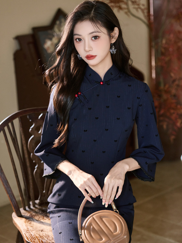 洛士博新中式旗袍2025新款改良秋季蓝色国风优雅长袖绝美女长款|undefined