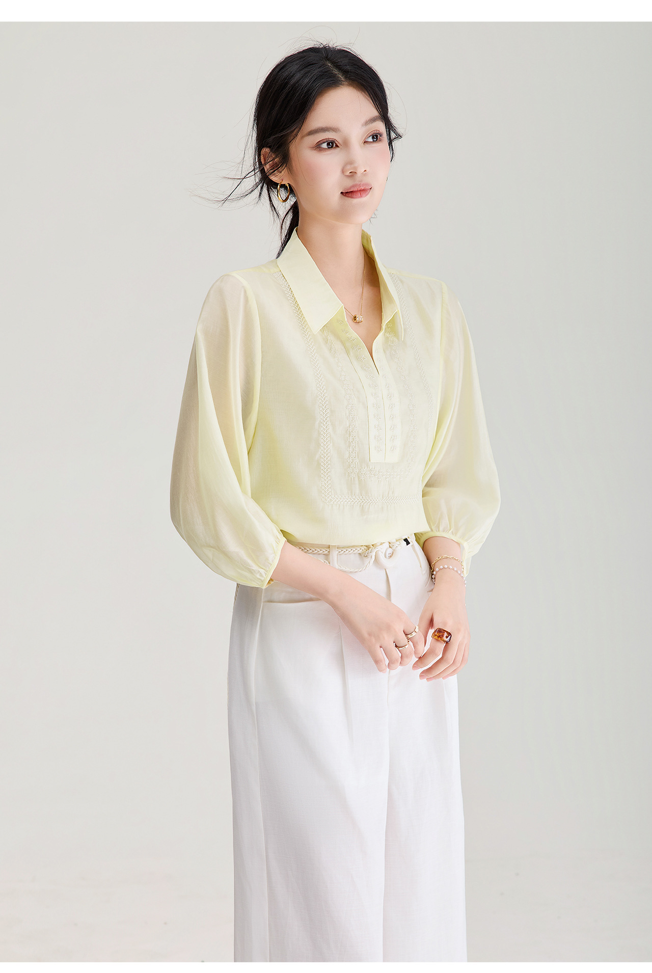 Áo sơ mi nữ tay lỡ thêu hoa tay chất liệu tencel cao cấp — màu trắng chi tiết 17