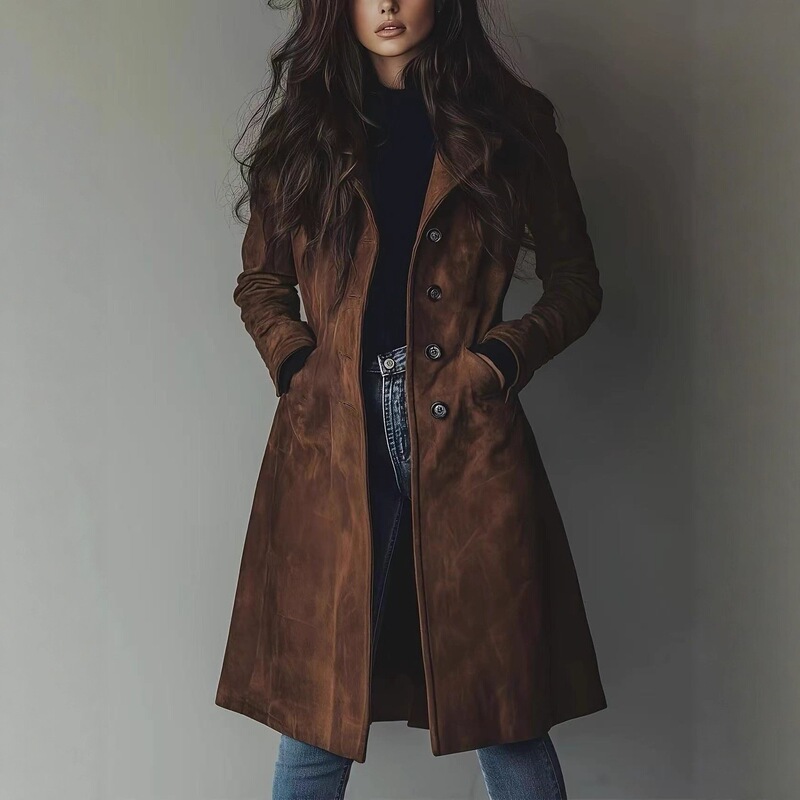 2026 High-Quality European and American Amazon Cross-Border Women's Autumn and Winter Coat with Lapel Suede Trench Coat Long Coat 2026 High-Quality European and American Amazon Cross-Border Women's Autumn and Winter Coat with Lapel Suede Trench Coat Long Coat