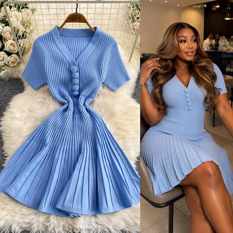 Cross-border e-commerce new arrival: textured, ruffled, V-neck, short-sleeved, slim-fit A-line knit dress with a chic, Chanel-inspired style Cross-border e-commerce new arrival: textured, ruffled, V-neck, short-sleeved, slim-fit A-line knit dress with a chic, Chanel-inspired style
