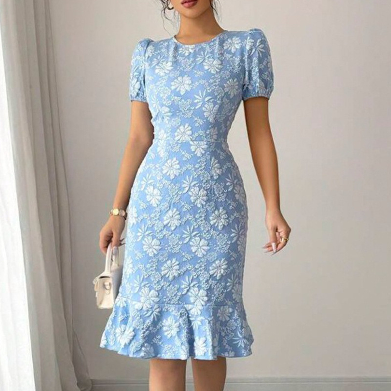 2025 Summer European and American Cross-Border Amazon Export Round Neck Short-Sleeved Embroidered Ruffle Dress Women's Waist 8232