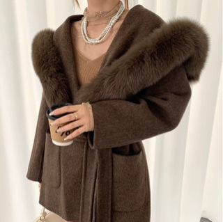 Large Caramel Mo 2025 Winter New Wool Double-Sided Tweed Navy Collar Fox Fur Mid-Length Coat for Women