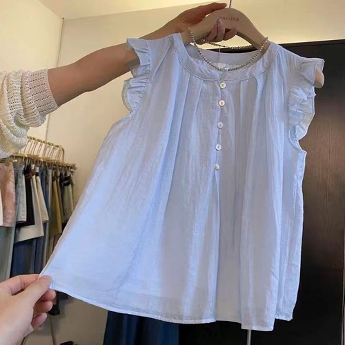 Korean-style niche blue women's summer lazy wood ear edge sleeveless blouse French round collar pleated small flying sleeve top