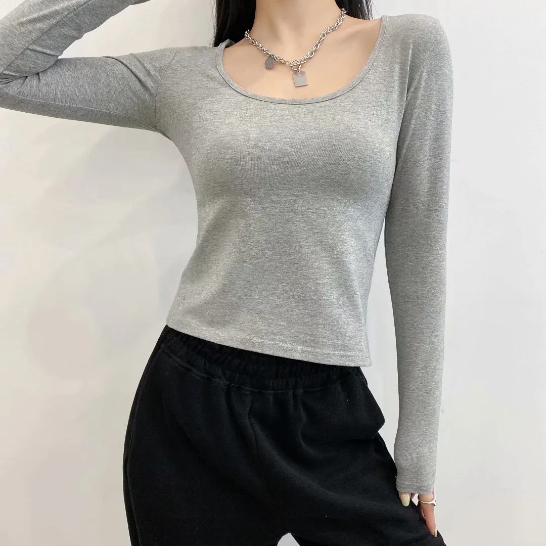 Autumn solid color U-neck long sleeve top NSAC46661