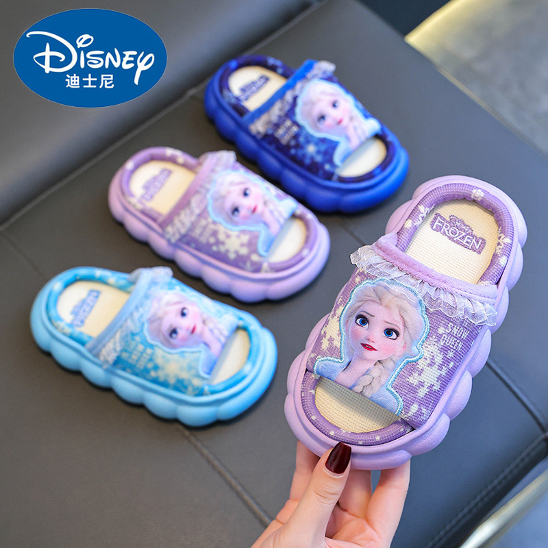 Princesa Elsa zapatillas de lino para niños primavera y otoño casa antideslizante niñas Four Seasons bebé algodón y lino sandalias transpirables verano