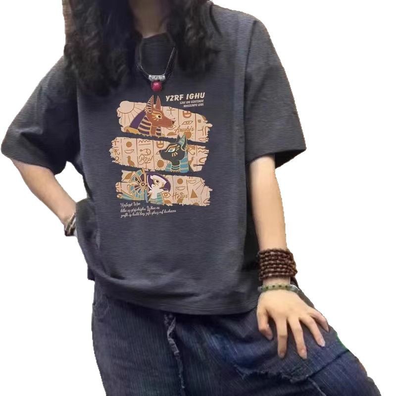 紺色の大きいサイズの純綿半袖tシャツ女性の夏の新型のゆったりとした大衆のデザイン感の中の長い上着insブーム