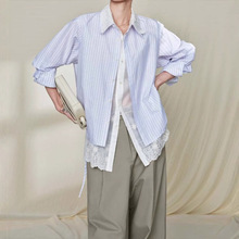 高智通勤风棉条纹拼接绣花假两件衬衫翻领衬衣女