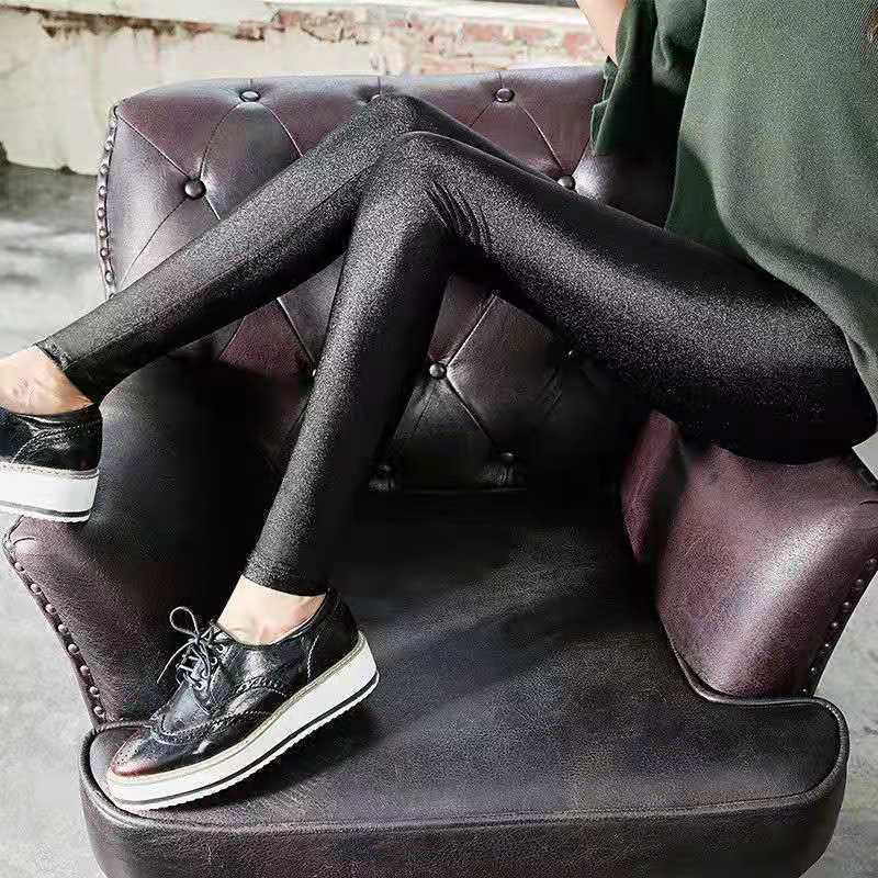 [Fleece-forrado grueso] otoño e invierno brillante pantalones de las mujeres de cintura alta desgaste exterior más tamaño alto elástico abajo pantalones calientes