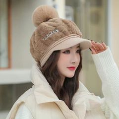 帽子韩版秋冬新款女兔毛保暖鸭舌帽可爱冬季毛球加绒防寒毛线帽