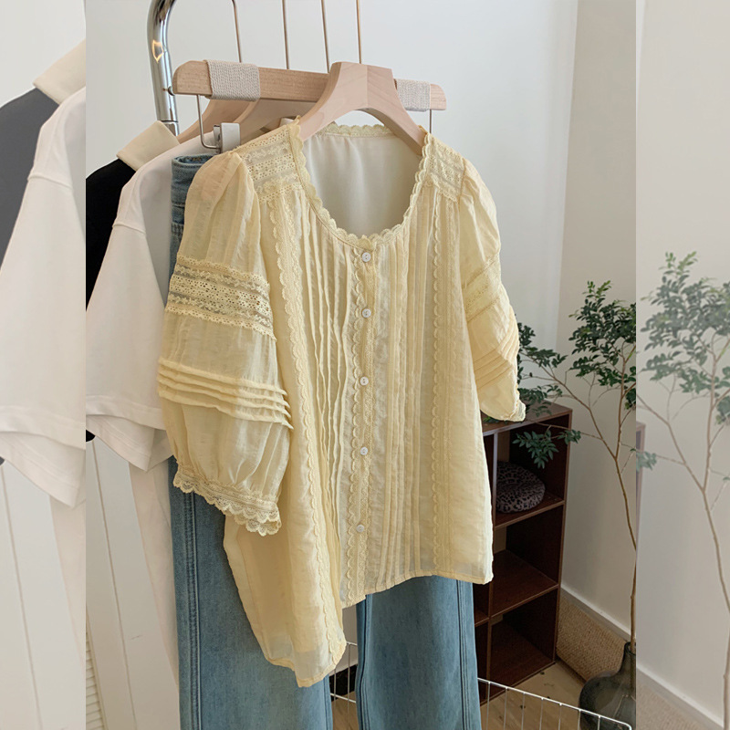 Short-Sleeved Shirt for Women, Plus Size, Slimming, New Summer Style Top, French Chic, Loose, Age-Reducing, Puff Sleeves, Trendy and Fashionable