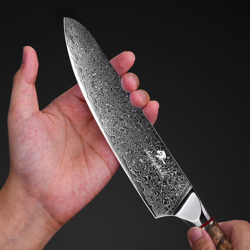 Cuchillo cocinero de acero de Damasco de 8 pulgadas mango de registro de madera sombra cocina cortador de carne de acero inoxidable Generación de cabello transfronterizo